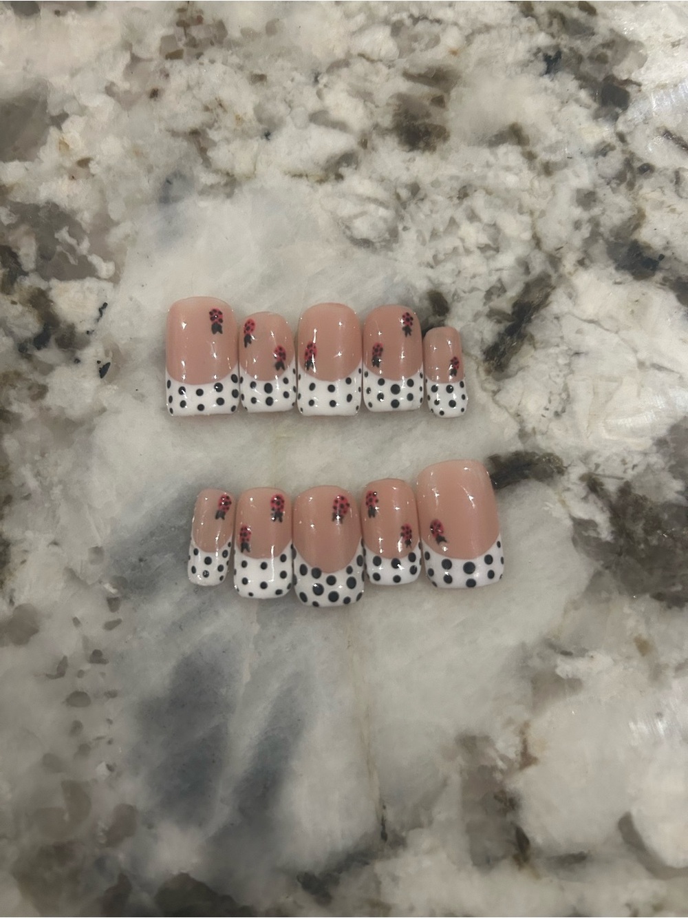Nude black Polka Dot Press-On Nail Set with little ladybugs 🐞